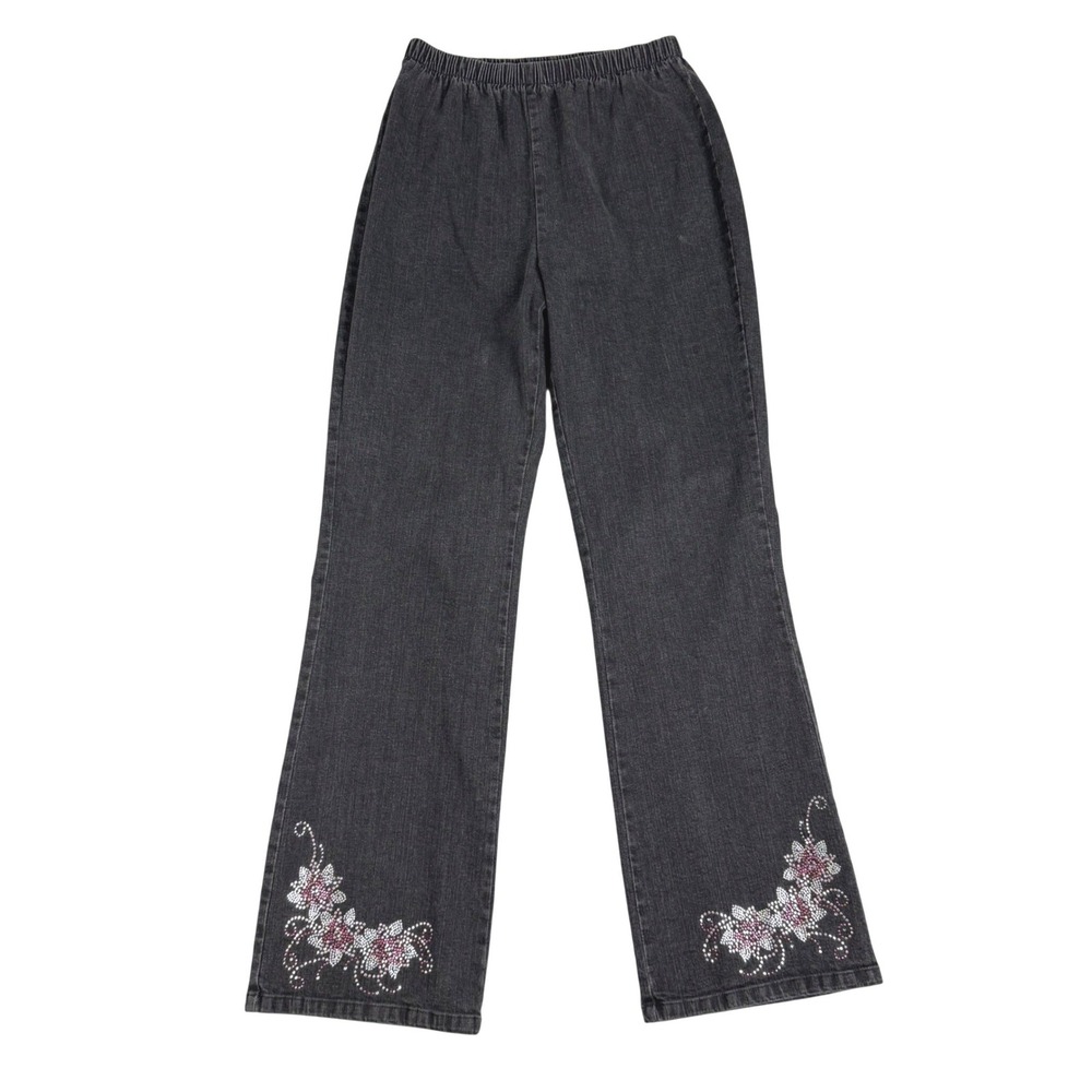 Denim 24/7 Black Rhinestone Floral Jeans Size 16W Y2K Pull On Stretch Denim